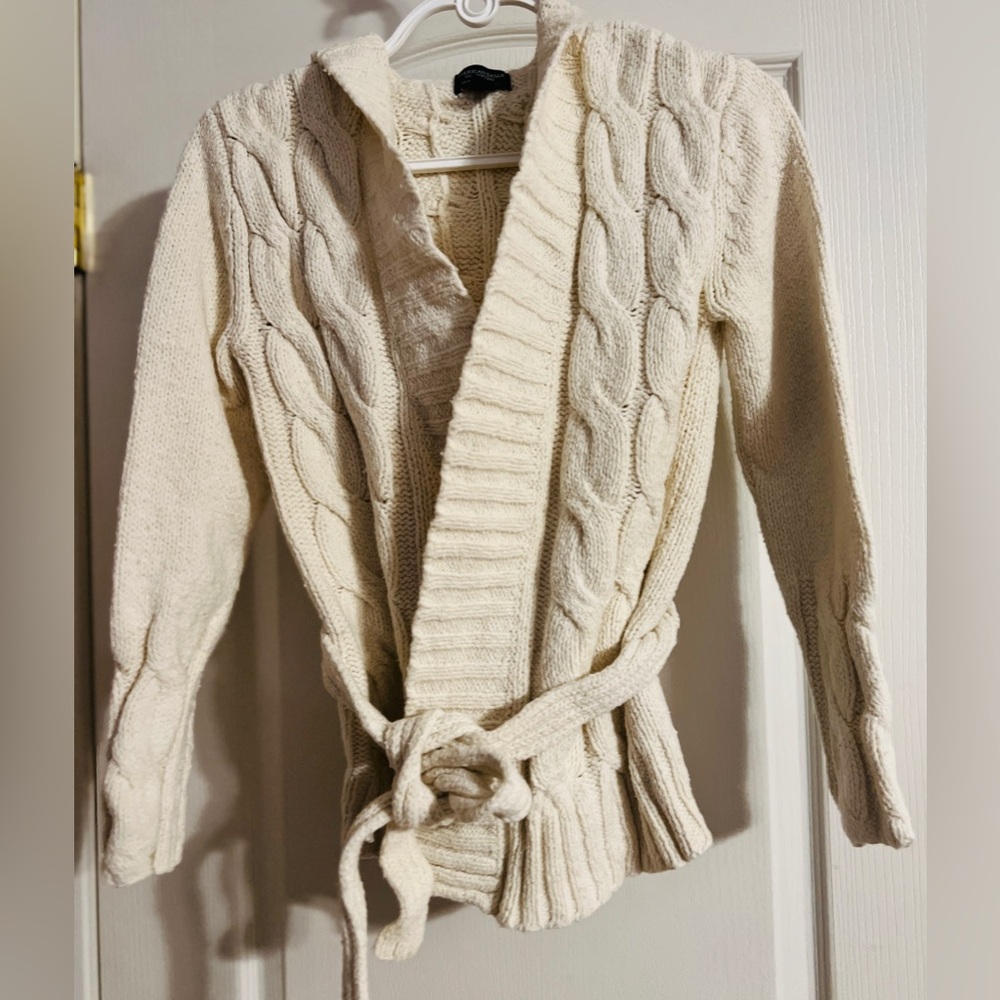 American Eagle Outfitters Cream Cable-Belted Shawl Collar Cardigan